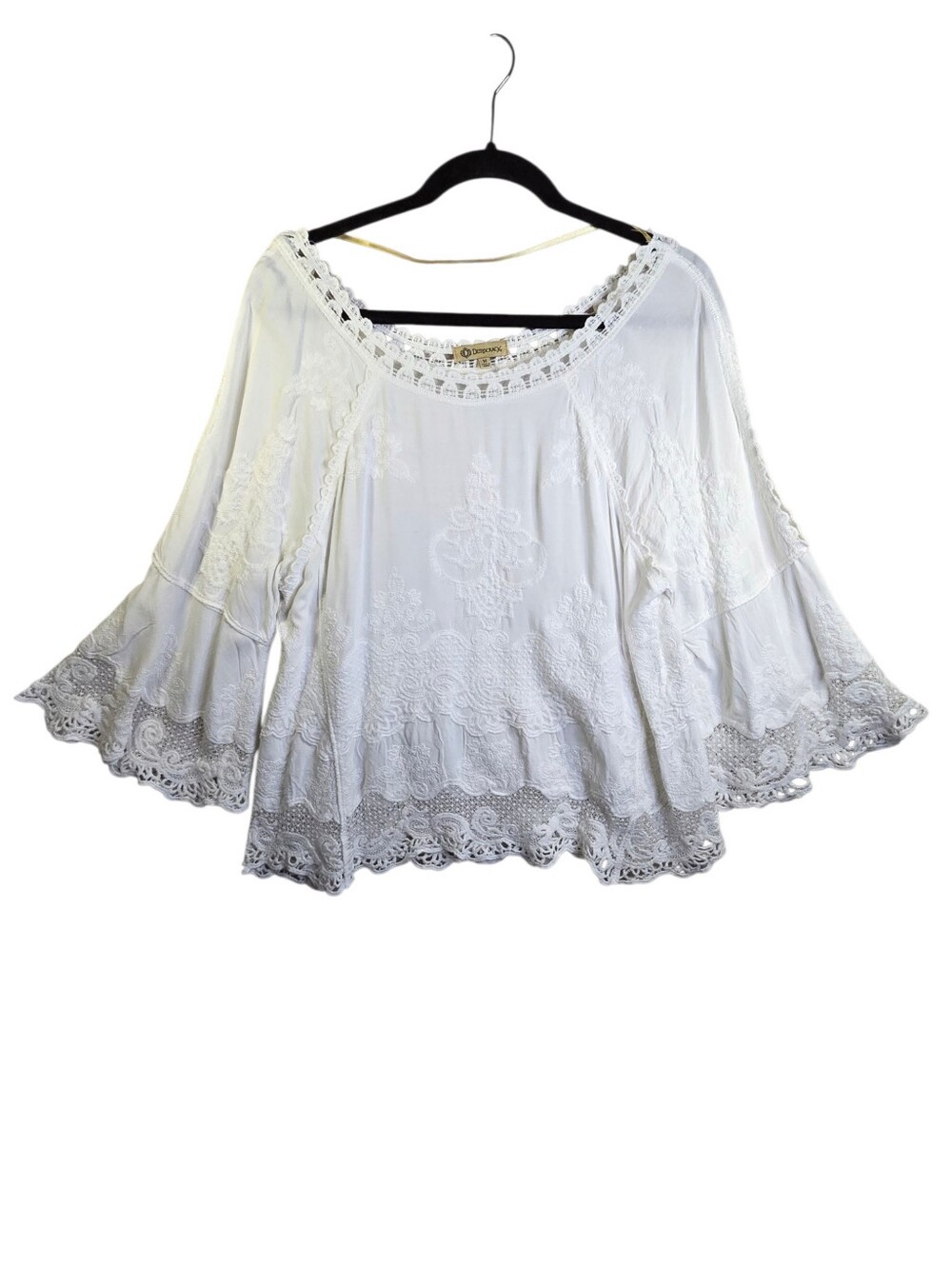 Democracy M White Embroidered Lace Trim 3/4 Sleeve Round Neck Bohemian Blouse